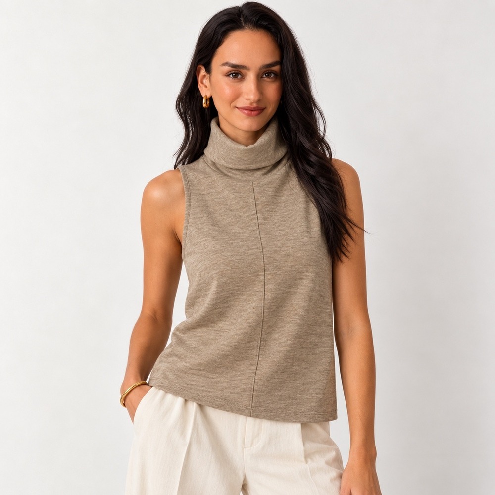 OGL Sleeveless Turtle Neck Top Womens Size S Tan Heathered Athleisure Minimalist